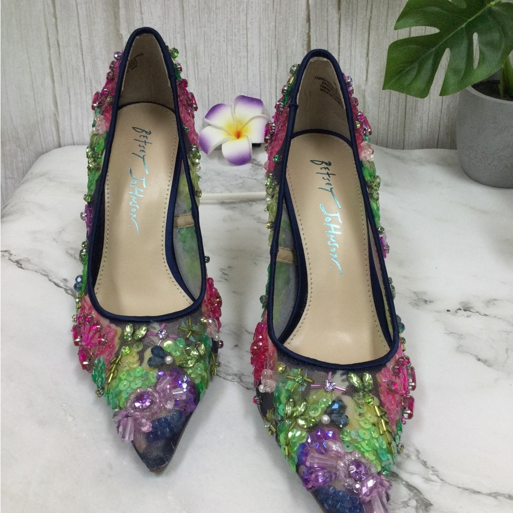 NWOT Betsey Johnson Netta Mesh  Multicolor Sequin Pointed Toe Pump - Picture 6 of 9